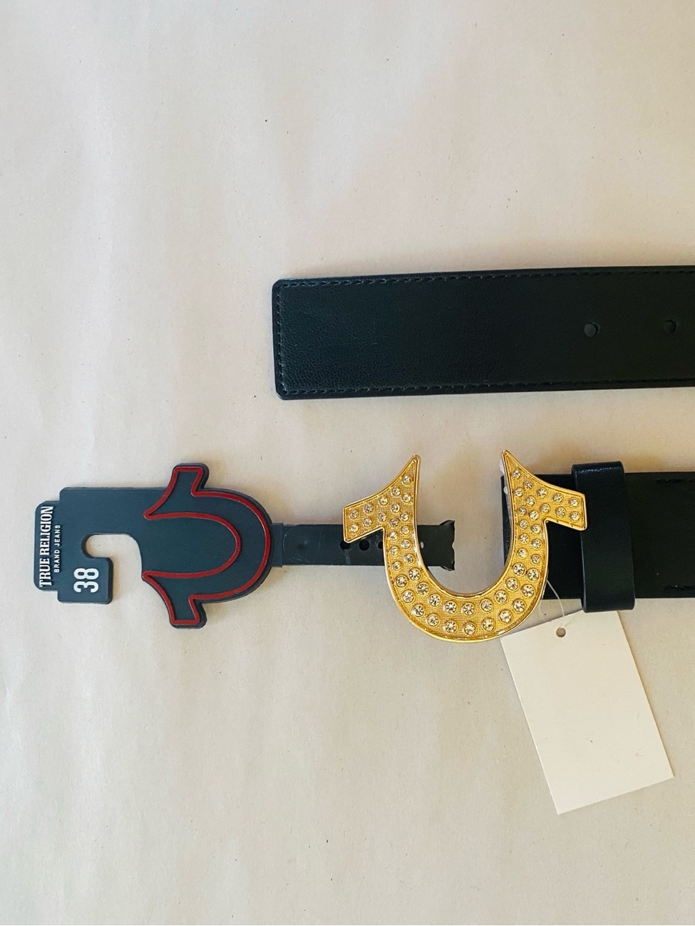True Religion Black Leather Belt with Gold Crystal Horseshoe Buckle